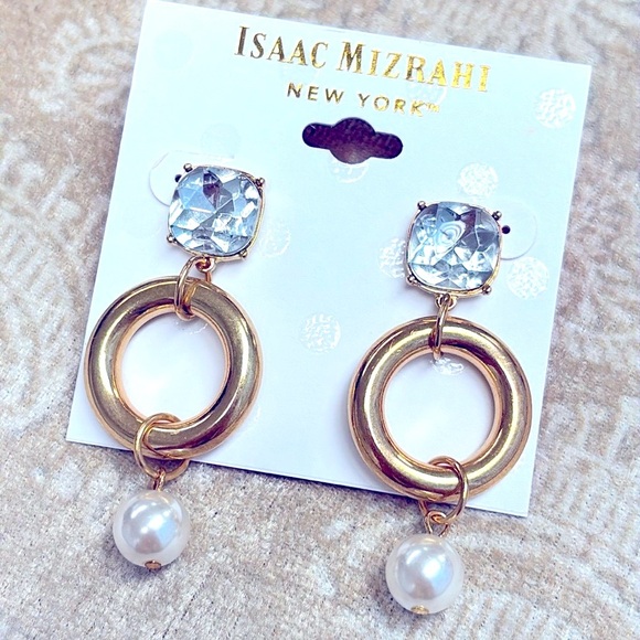 Brand New Isaac Mizrahi Large Rhinestone Gold Tone Round Faux Pearl Drop Earring - Picture 11 of 13